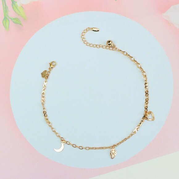 "Rose Gold Anklet with Heart, Leaf & Moon Charms, XPAL1046 - Picture 3 of 12